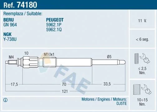 Vela de Incandescência FAE 74180