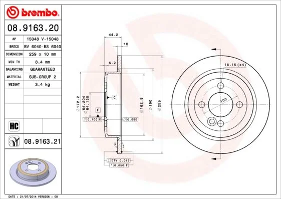 Brake Disc BREMBO 08.9163.21
