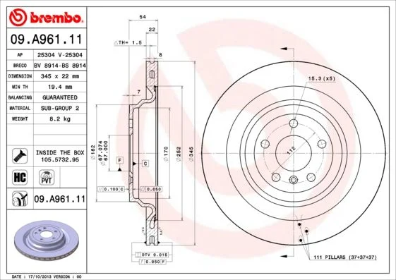 Disco de Travão BREMBO 09.A961.11