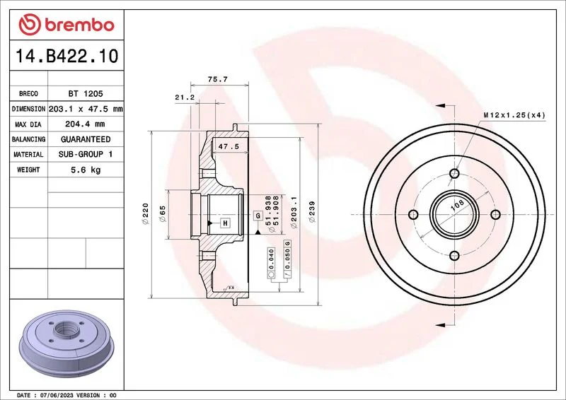 Tambor de Travão BREMBO 14.B422.10