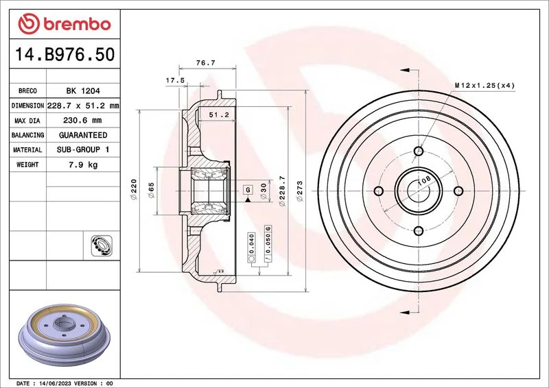 Tambor de Travão BREMBO 14.B976.50