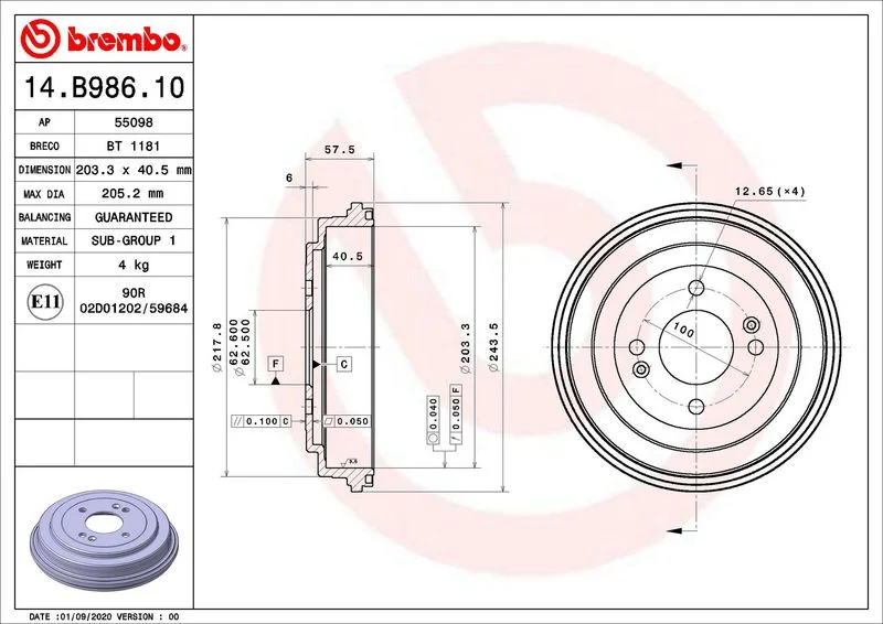 Tambor de Travão BREMBO 14.B986.10