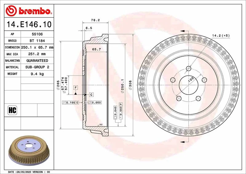Tambor de Travão BREMBO 14.E146.10