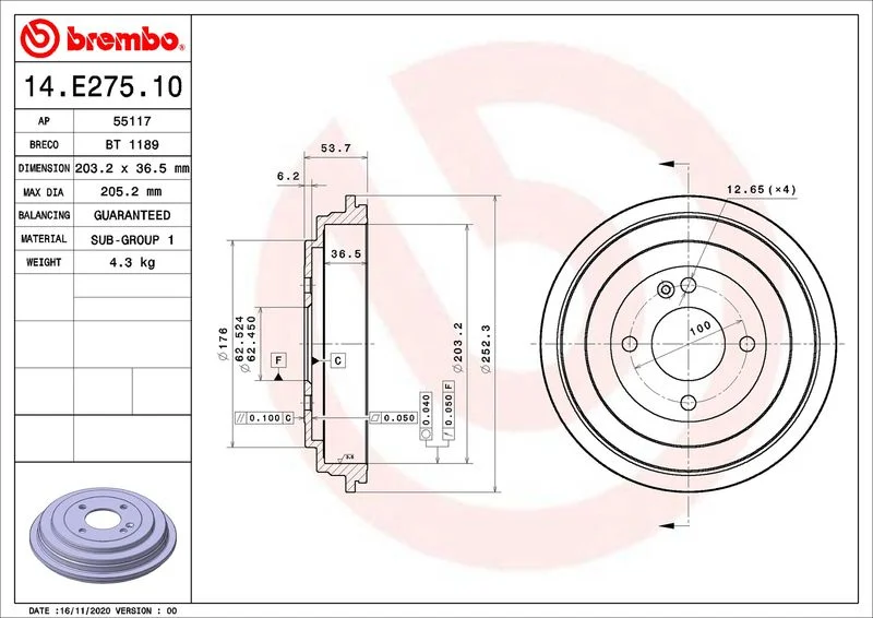 Tambor de Travão BREMBO 14.E275.10