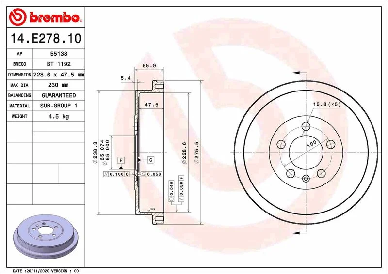 Tambor de Travão BREMBO 14.E278.10