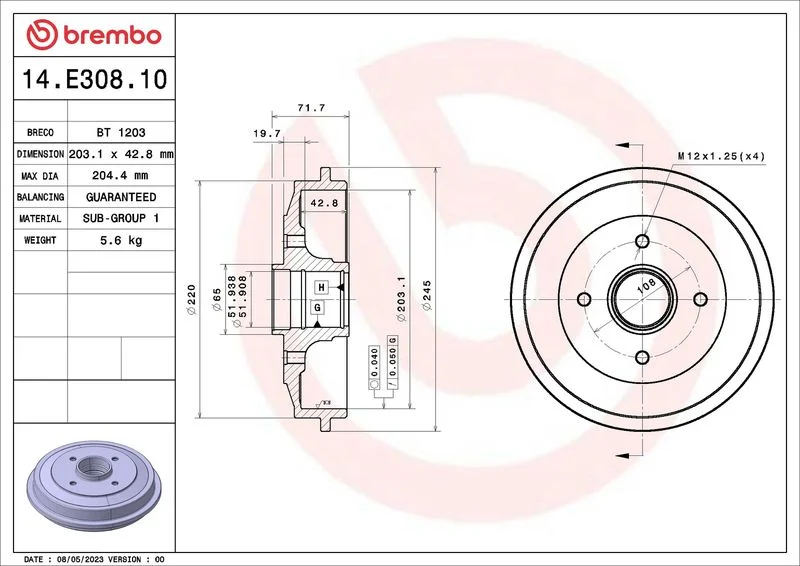 Tambor de Travão BREMBO 14.E308.10