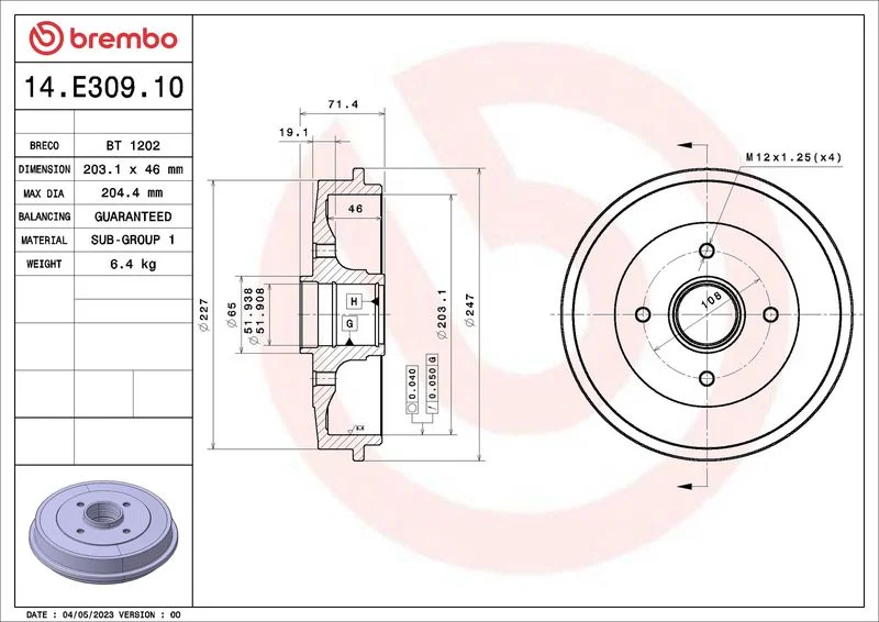 Tambor de Travão BREMBO 14.E309.10