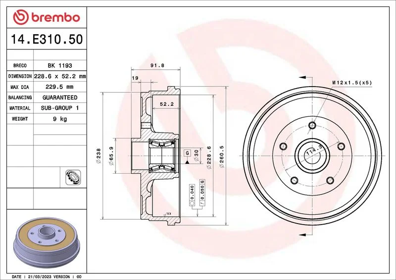 Tambor de Travão BREMBO 14.E310.50