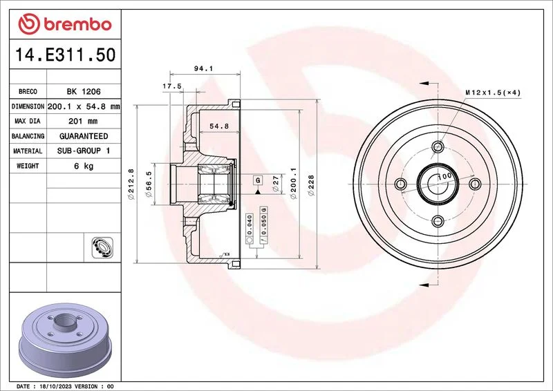 Tambor de Travão BREMBO 14.E311.50