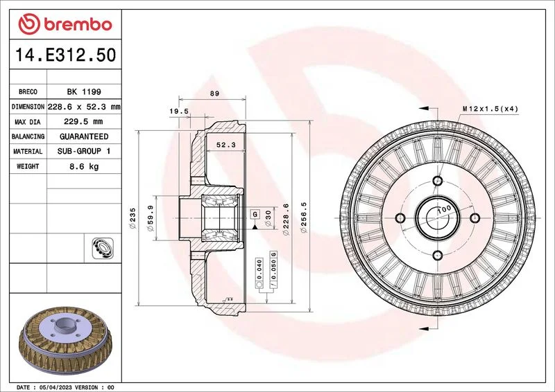 Tambor de Travão BREMBO 14.E312.50