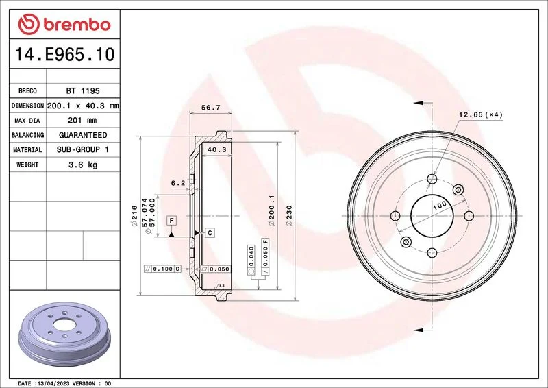 Tambor de Travão BREMBO 14.E965.10