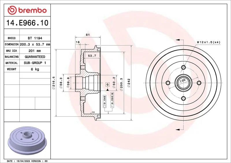 Tambor de Travão BREMBO 14.E966.10