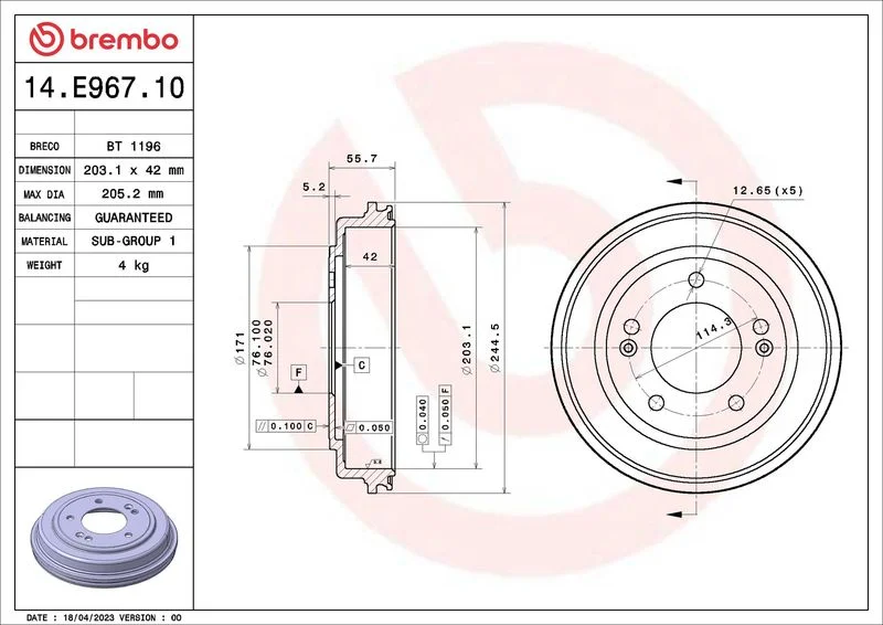 Tambor de Travão BREMBO 14.E967.10