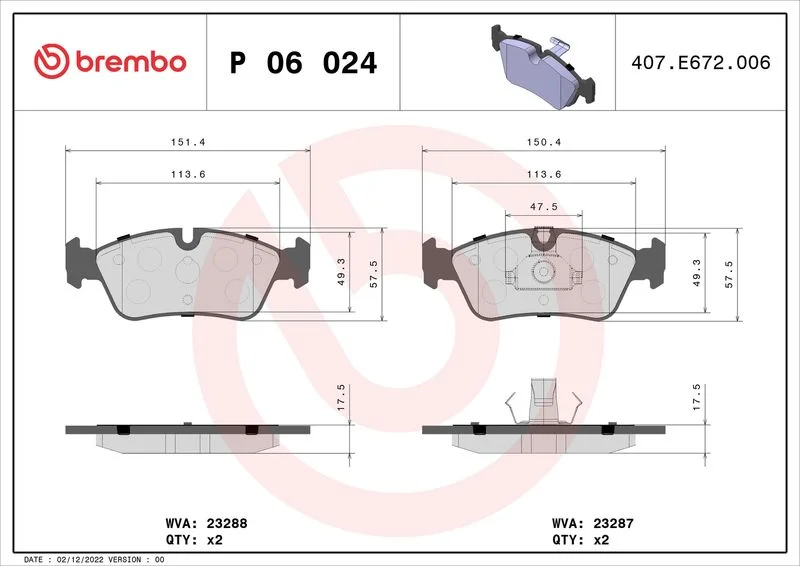 Stabdžių trinkelių rinkinys, diskinis stabdys BREMBO P 06 024