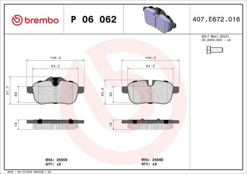 Conjunto de pastilhas de travão de disco BREMBO P 06 062