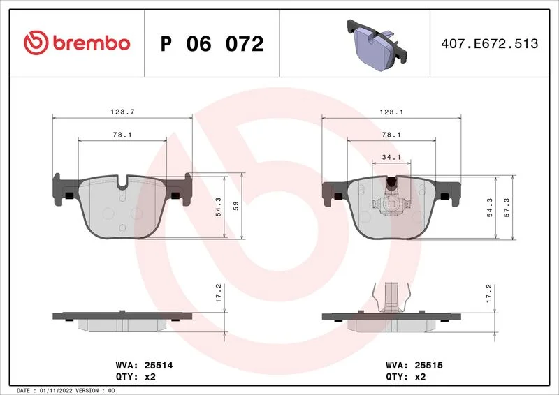 Conjunto de pastilhas de travão de disco BREMBO P 06 072