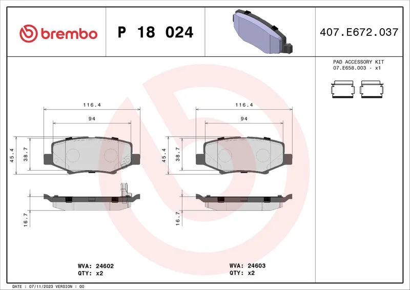 Brake Pad Set, disc brake BREMBO P 18 024