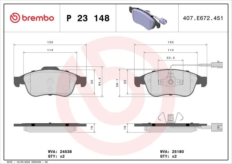 Conjunto de pastilhas de travão de disco BREMBO P 23 148X