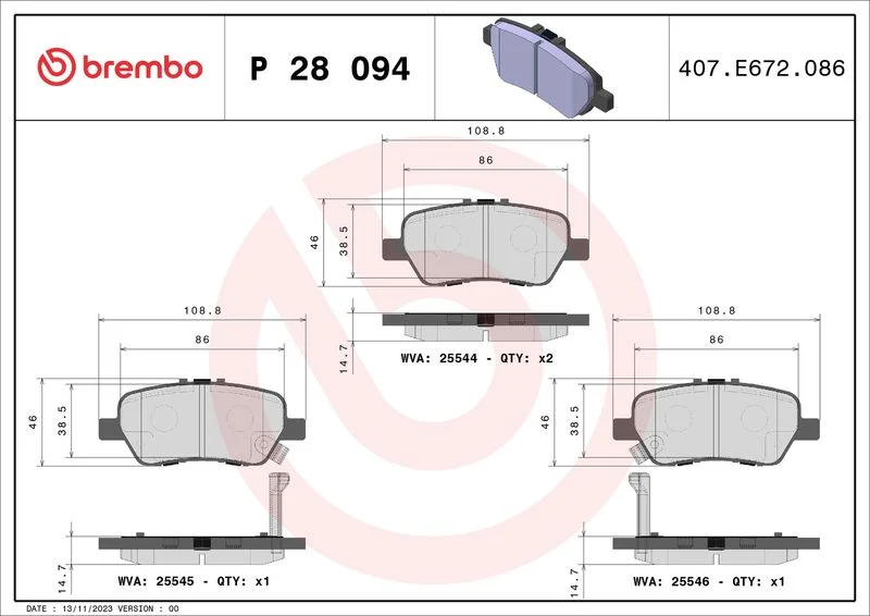 Brake Pad Set, disc brake BREMBO P 28 094