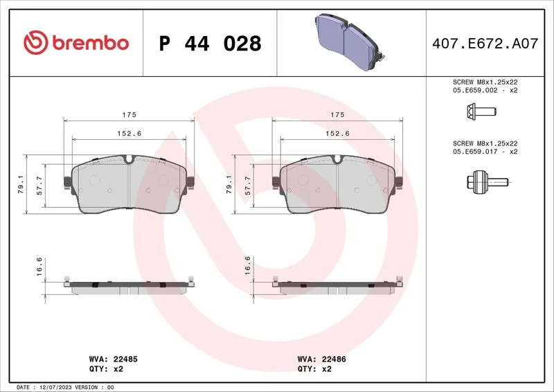 Brake Pad Set, disc brake BREMBO P 44 028