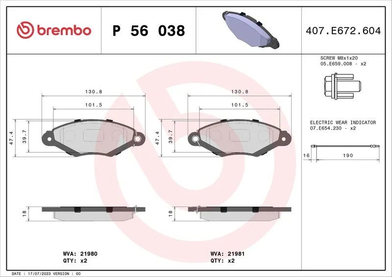Conjunto de pastilhas de travão de disco BREMBO P 56 038