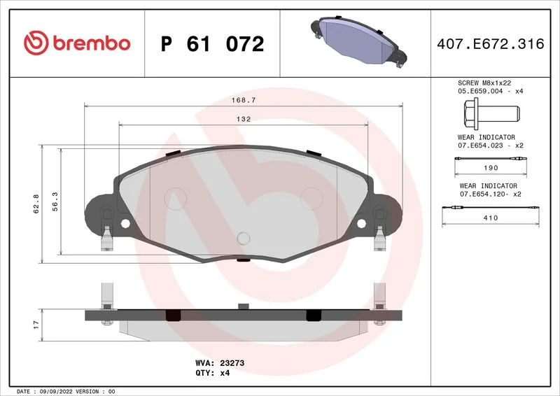 Conjunto de pastilhas de travão de disco BREMBO P 61 072