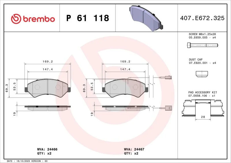 Conjunto de pastilhas de travão de disco BREMBO P 61 118