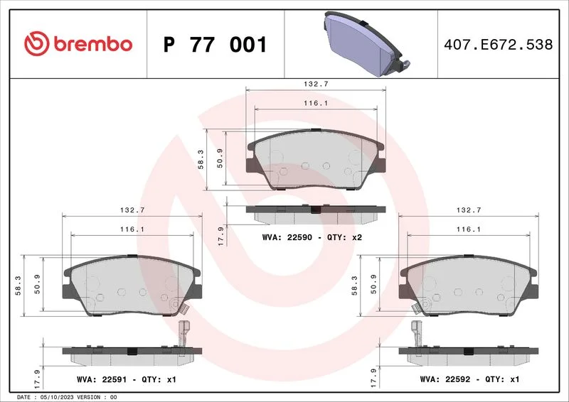 Brake Pad Set, disc brake BREMBO P 77 001