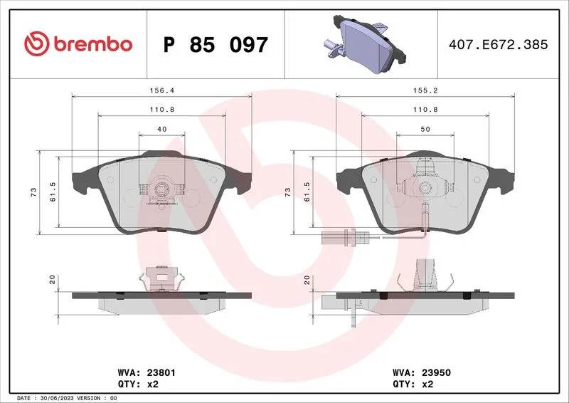 Brake Pad Set, disc brake BREMBO P 85 097