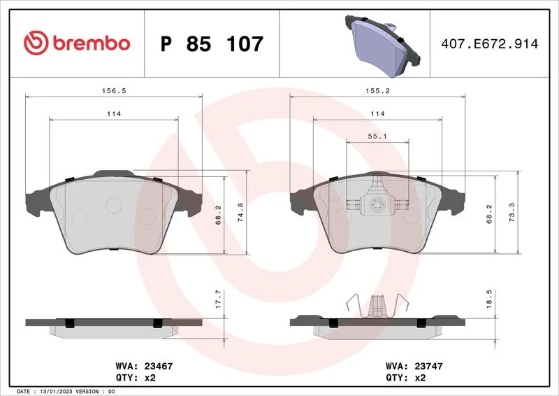 Conjunto de pastilhas de travão de disco BREMBO P 85 107