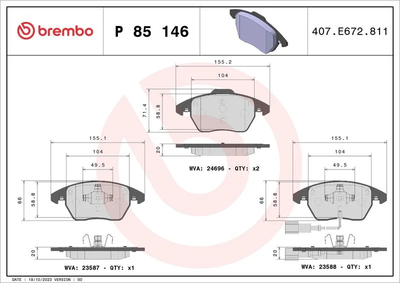 Conjunto de pastilhas de travão de disco BREMBO P 85 146X